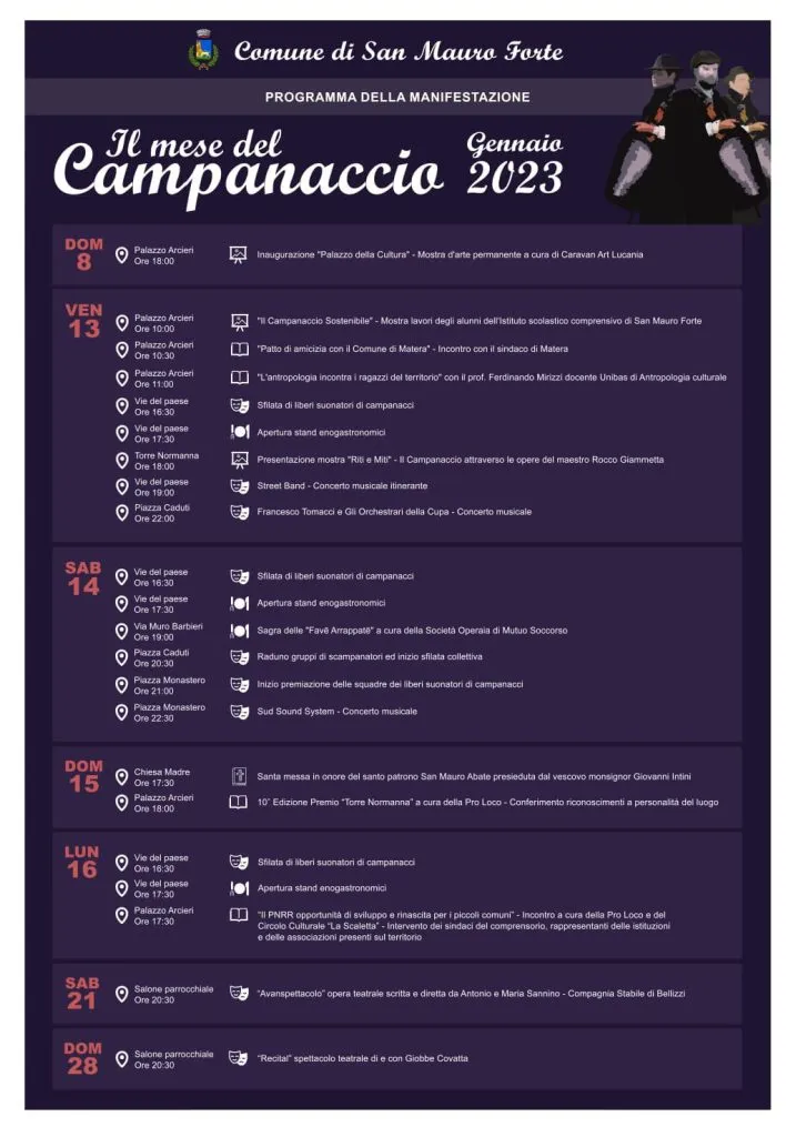 Locandina degli appuntamenti del Mese del Campanaccio a San Mauro Forte